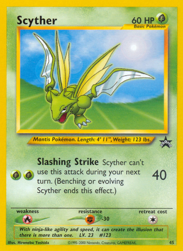 Scyther - 60 HP - Grass - Slashing Strike [GrassGrass] 40: Scyther can't use this attack during your next turn. (Benching or evolving Scyther ends this effect.) - Weakness: Fire ×2