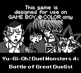 Error screen reading: This game is designed for use on GAME BOY COLOR only. Shows Yu-Gi-Oh! Duel Monsters 4: Battle of Great Duelist beneath character portraits of Yugi, Kaiba, and Jounouchi.
