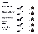 Record screen listing duelists with win/loss tallies: Ryota Kajiki, Siamun Muran, Esper Roba, Ryuzaki, and Insector Haga, all showing zero wins and losses.