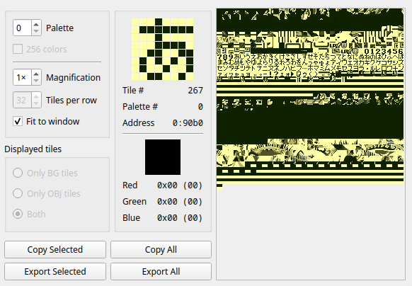Screenshot of mGBA tile viewer for Bladefly